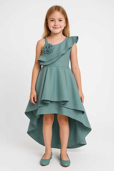 kent of kıds Girl's Strap One Shoulder Lined Zipper Closure Back Elastic Flower Decoration Evening Dress