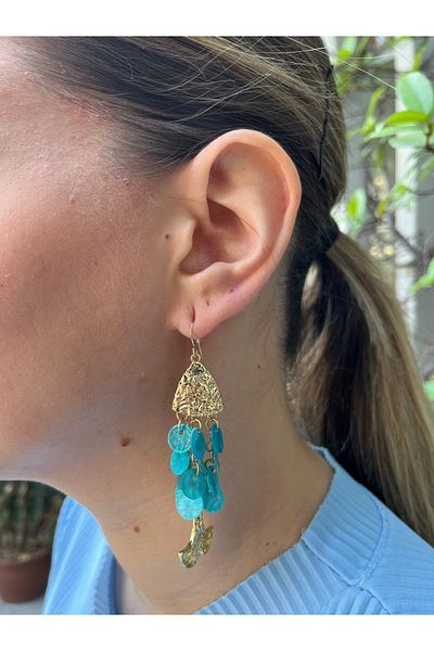 MODA Women's Fish Figured Blue Stone Long Dangle Earrings