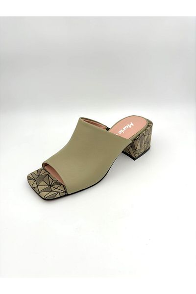 Mariolucci Women's Heeled Slippers Elastic Genuine Khaki (Print) Leather
