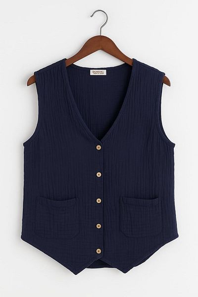 enmodaiçgiyim Navy Blue 100% Cotton Muslin Fabric Women's Vest with Buttoned Pockets