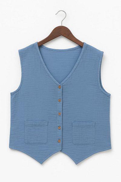 enmodaiçgiyim Blue 100% Cotton Muslin Fabric Women's Vest with Button Pockets