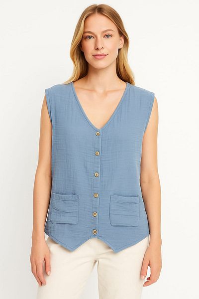 enmodaiçgiyim Blue 100% Cotton Muslin Fabric Women's Vest with Button Pockets
