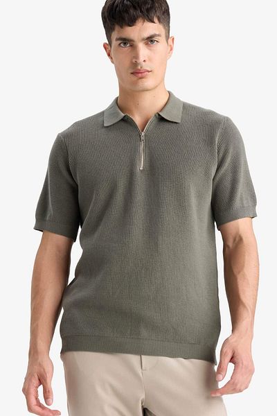 DeFacto 100% Cotton Standard Fit Half Zip Short Sleeve Knitwear Polo T-Shirt E5862Ax25Sm