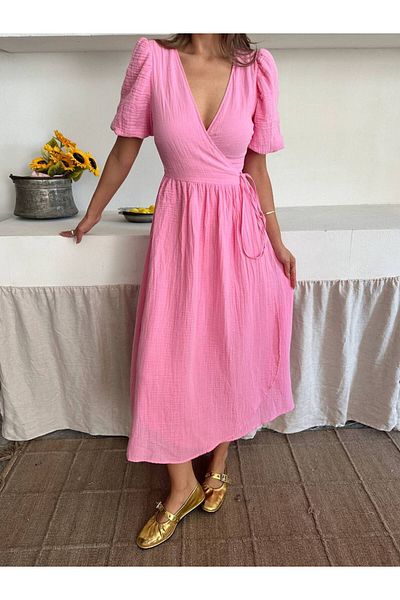 Lusin Women's Pink V-Neck Stylish Lacing Detailed Lined Muslin Fabric Short Sleeve Dress