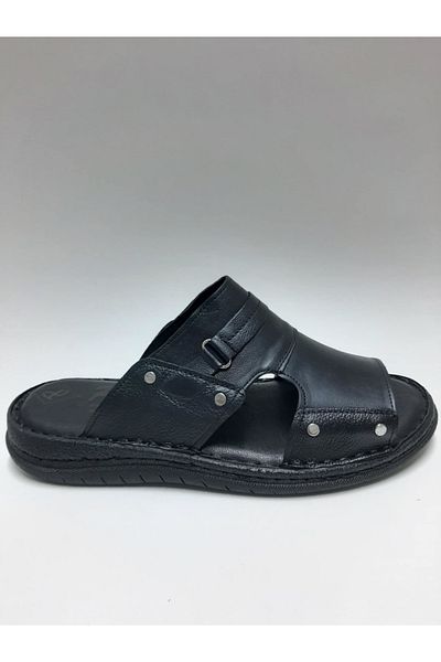 PEKER Genuine Leather Black Daily Open Toe Comfortable Sole Men's Slippers