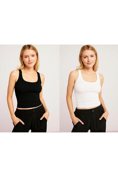 vizora moda Women's Black-White 2-Piece Cotton Ribbed Flexible Comfortable Thick Strap Tank Top Blouse