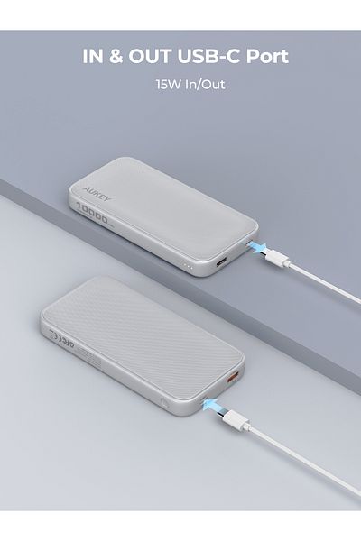AUKEY PB-Y46 Spark Go 10,000mAh, 15W PD, Fast Charging Power Bank,1xUSB-A and 1xUSB-C, White.