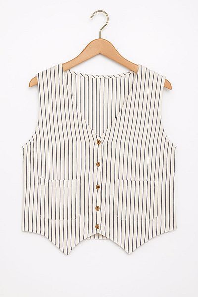 enmodaiçgiyim White Striped 100% Cotton Muslin Fabric Women's Vest with Buttoned Pockets