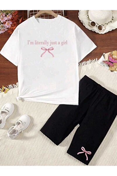 Renna Mood Girl's White-Black Literally Ribbon Printed Shorts-Tshirt Set