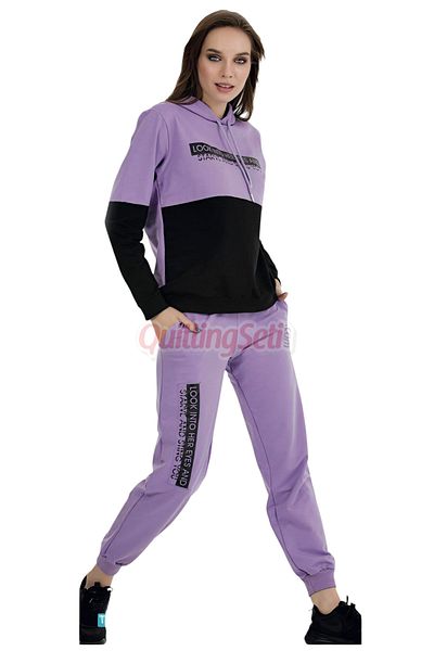 quilling Long Sleeve 22069 Hooded and Kangaroo Pocket Lilac - Black Color Women's Sports Tracksuit Set