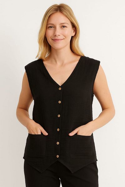 enmodaiçgiyim Black 100% Cotton Muslin Fabric Women's Vest with Buttoned Pockets