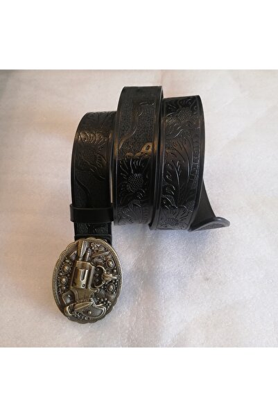 Butik Tülin حزام بإبزيم من الجلد الصناعي باللون الأسود للجنسين مطبوع عليه زهر...