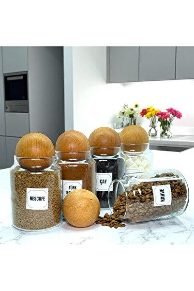 mafa home 5'li Ahşap Top Kapaklı Cam Kahve Çay Hazır Kahve Şeker Türk kahvesi...