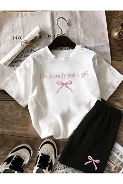 Renna Mood Girl's White-Black Literally Ribbon Printed Shorts-Tshirt Set