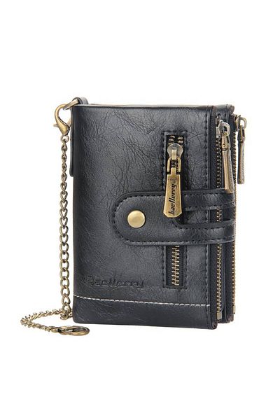 Generic Classic Bifold Wallet with Double Zip and Chain - Black