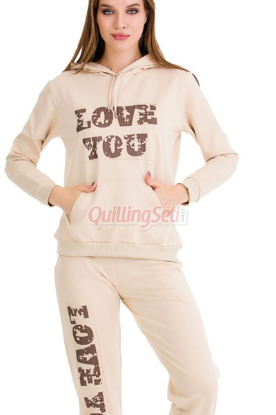 quilling Long Sleeve 22074 Hooded and Kangaroo Pocket Cream Color Women's Sports Tracksuit Set