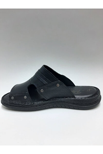 PEKER Genuine Leather Black Daily Open Toe Comfortable Sole Men's Slippers