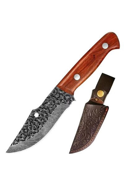 OEM Kitchen or Hunting Knife, Stainless Steel, Wooden Handle, Eco-Leather Sheath Included, 22 cm, Brown