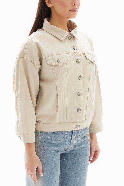 wecre8 Beige Embroidered with Fringes Denim Jacket By WECRE8