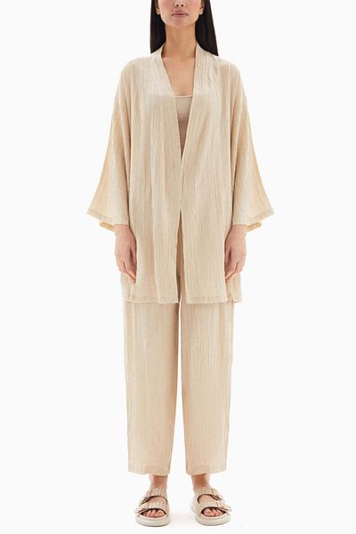wecre8 Beige Textured Set of Kimono with Trousers By WECRE8