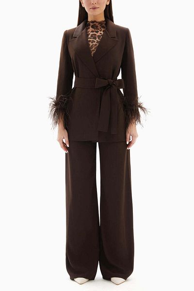 wecre8 Brown Set of Feathered Blazer Jacket and Trousers By WECRE8