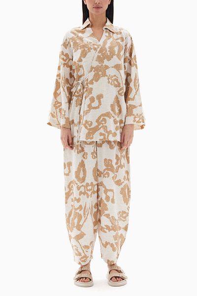 wecre8 Beige Abstract Printed Set of Blouse with Trousers By WECRE8