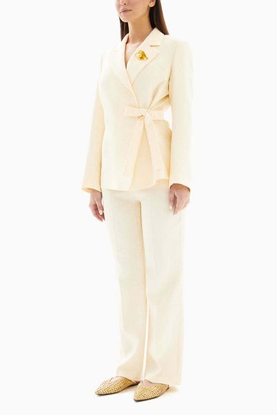 wecre8 Cream White Set of Brooch Blazer Jacket and Trousers By WECRE8