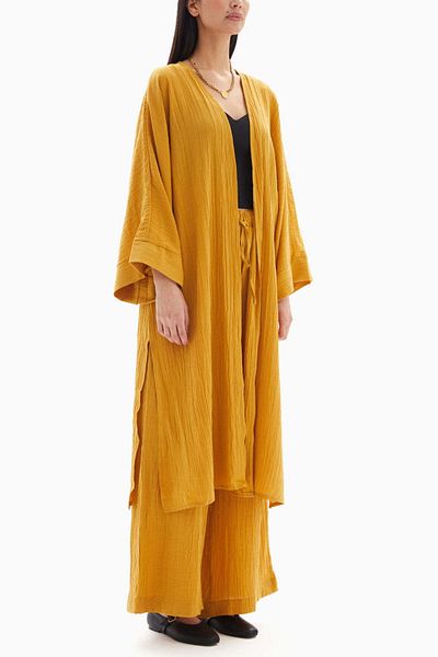 wecre8 Yellow Textured Set of Kimono with Trousers By WECRE8