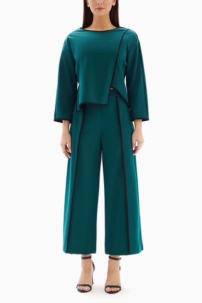 wecre8 Teal Asymmetrical Set of Cropped Top and Trousers By WECRE8