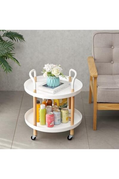 Lawazim 2-Tier Round Side Table - White End Table with Wheels & Handles for Living Room or Bedroom