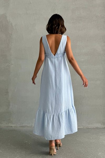 Lusin Women's Baby Blue Strap Muslin Fabric Lined Summer Premium Sleeveless Midi Dress