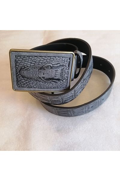 Butik Tülin Unisex Faux Leather Gray Croco Printed Bronze Crocodile Head Cowboy Buckle Belt Made in Thailand