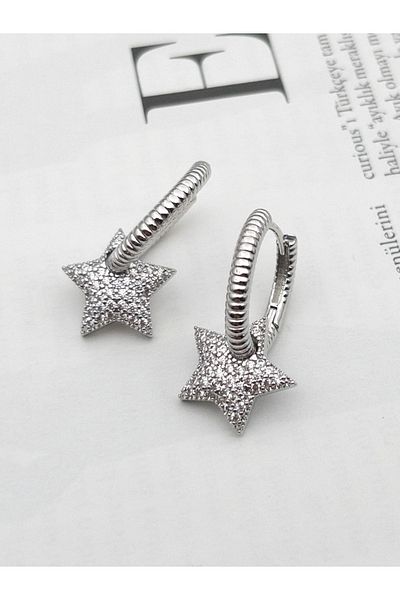 Siya Silver Zircon Stone Paved Star Dangle Steel Earrings
