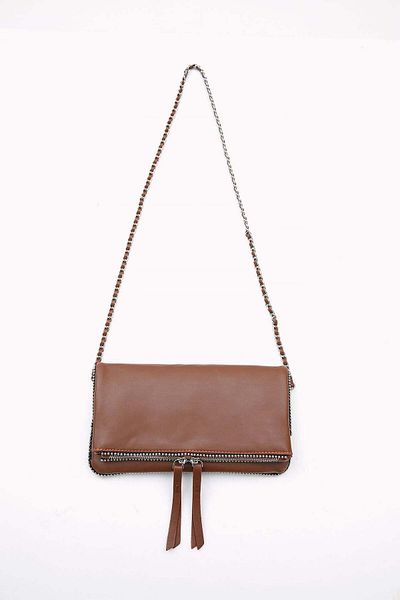 wecre8 Brown Chain Trim Convertible Clutch by WECRE8