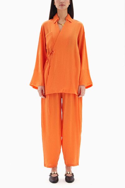 wecre8 Orange Textured Set of Blouse with Trousers By WECRE8