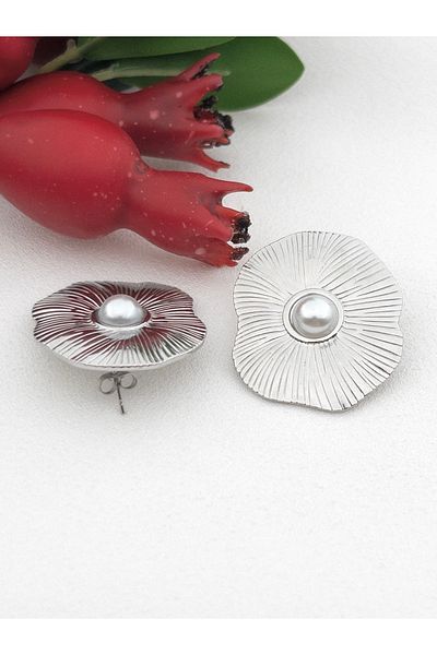 Siya Silver Pearl Patterned Asymmetric Model Tarnish-Free Steel Earrings