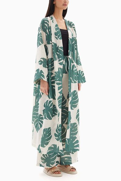 wecre8 Beige/Green Leaf Printed Set of Kimono with Trousers By WECRE8
