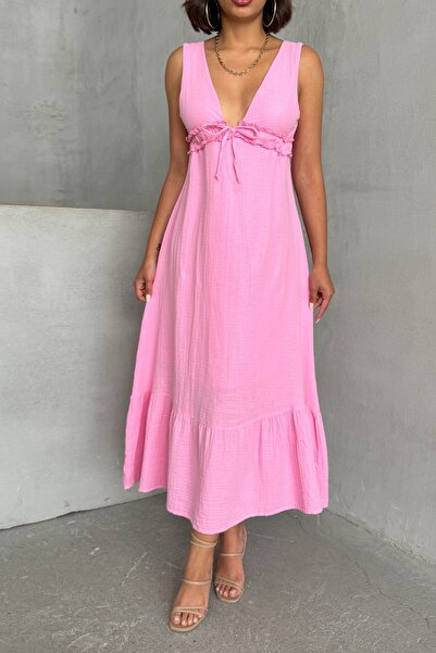 Lusin Women's Pink Strap Muslin Fabric Lined Summer Premium Sleeveless Midi Dress