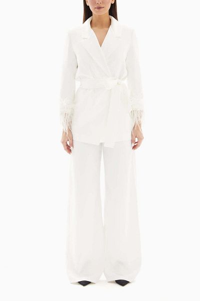 wecre8 White Set of Feathered Blazer Jacket and Trousers By WECRE8