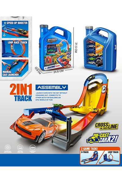 Point Plus 2-in-1 Kids Race Track with 2 Metal Cars - Fast Track Builder Toy with Hand Launcher and Race Ring