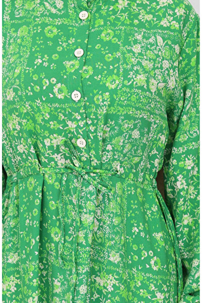 sefamerve Φόρεμα με μοτίβο βισκόζης με κορδόνια στη μέση 2084-04 Πράσινο