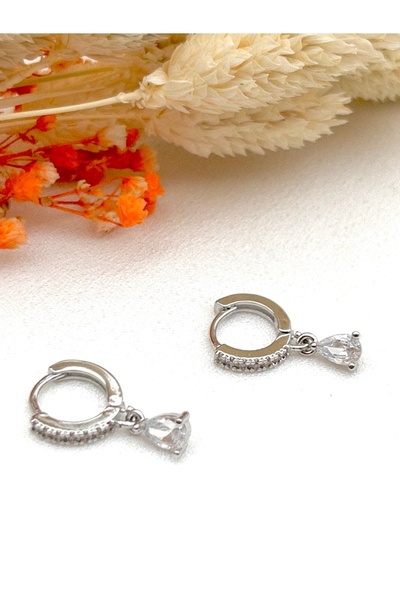 Siya Silver Zirkon Taşlı Damla Model Tek Taşlı Minimal Çelik Küpe - 2 cm