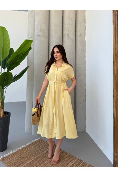 moda paketi Keten Midi Boy Kemerli Elbise 36*40