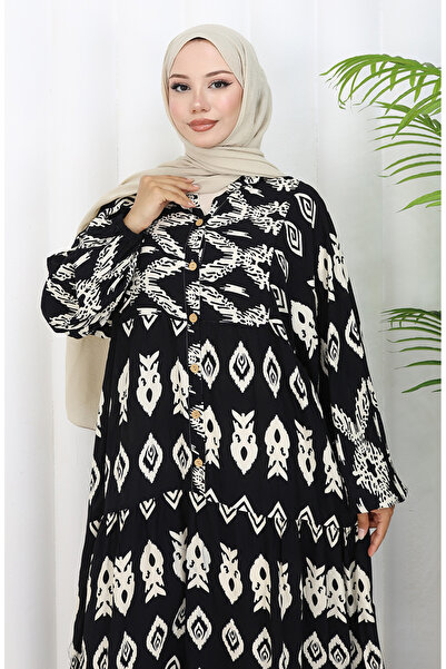 sefamerve Φόρεμα με μοτίβο με μισό κουμπί από ύφασμα βισκόζης 0107-01 Μαύρο