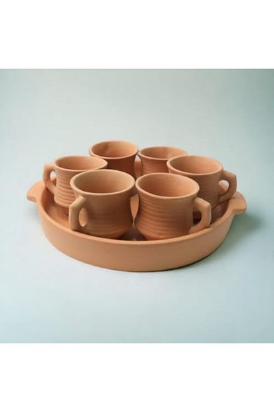 Generic طقم أكواب أرك تيرابورا من الطين غير المزجج مع صينية، مكون من 7 قطع. مصنوع يدويًا من الطين العضوي. سعة 120 مل × 6 أكواب.