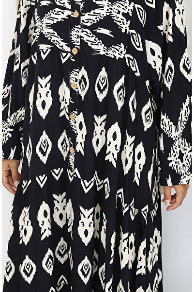 sefamerve Φόρεμα με μοτίβο με μισό κουμπί από ύφασμα βισκόζης 0107-01 Μαύρο