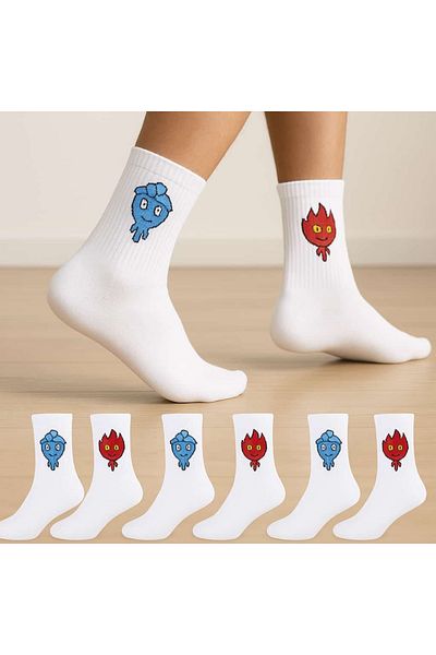 çorapdunyam 6 Pairs 3 Pieces Fire 3 Pieces Water Patterned College Socks