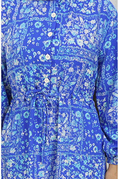 sefamerve Φόρεμα με μοτίβο βισκόζης με κορδόνια στη μέση 2084-02 Indigo