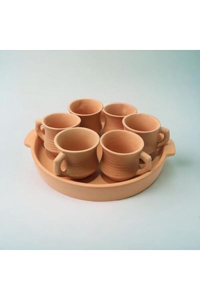 Generic طقم أكواب أرك تيرابورا من الطين غير المزجج مع صينية، مكون من 7 قطع. مصنوع يدويًا من الطين العضوي. سعة 120 مل × 6 أكواب.