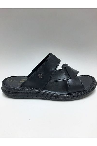 PEKER Genuine Leather Black Daily Open Toe Comfortable Sole Men's Slippers